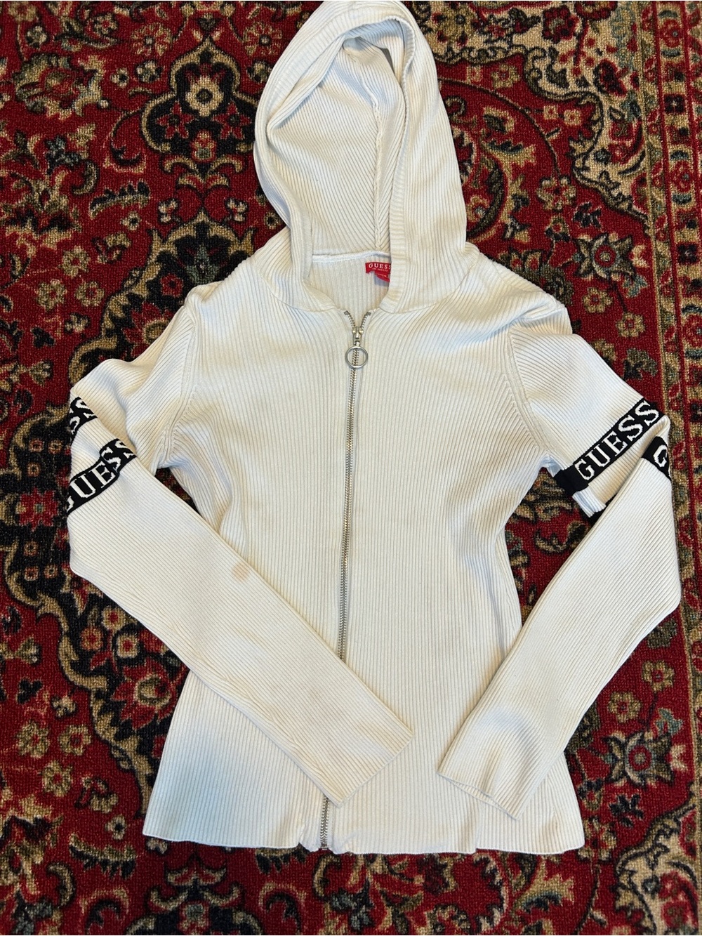 Guess White Ribbed Zip Hoodie with Black Logo Bands